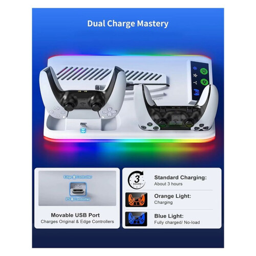 For PS5/Slim/Pro Cooling Stand with LED Controller Charging Station, 3-Gear Cooling Fan for  5 Console Black 2