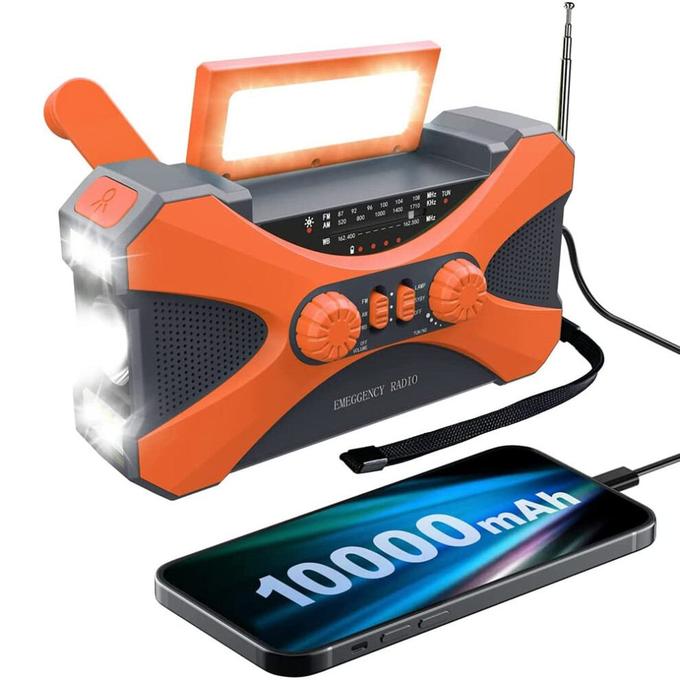 Emergency Radio Outage Ready Solar Powered Hand Crank With Phone Charger 10000Mah Led Flashlight Portable Orange 9187378437308
