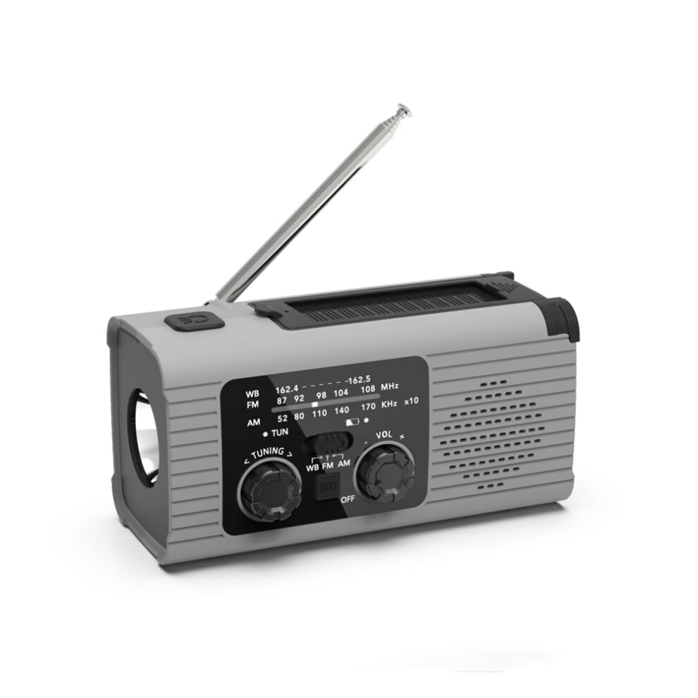 Emergency Weather Radio With Solar And Hand Crank, Am Fm Noaa Alert, Led Flashlight, Power Bank Gray 9199774097611
