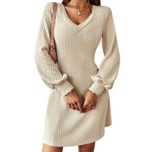 Hyggelig midi-sweaterkjole til kvinder, langærmet strikbodycon med V-hals og slim fit, varm strikket pullover i elastisk stof, A-linje