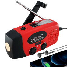 Wind Up Emergency Radio AM/FM Hand Crank, Solar Powered, 2000mAh Power Bank USB Charger, LED Torch, Red