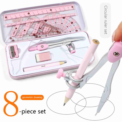 Set di 8 pezzi di kit di geometria con righelli, goniometro, compasso, rosa/blu 2