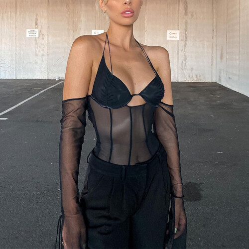 Vintage Crop Top για γυναίκες, Mesh Patchwork See Through Design Off Shoulder Halter Slim Fit Αμάνικο Tank Top, Σέξι Κορσέ 1