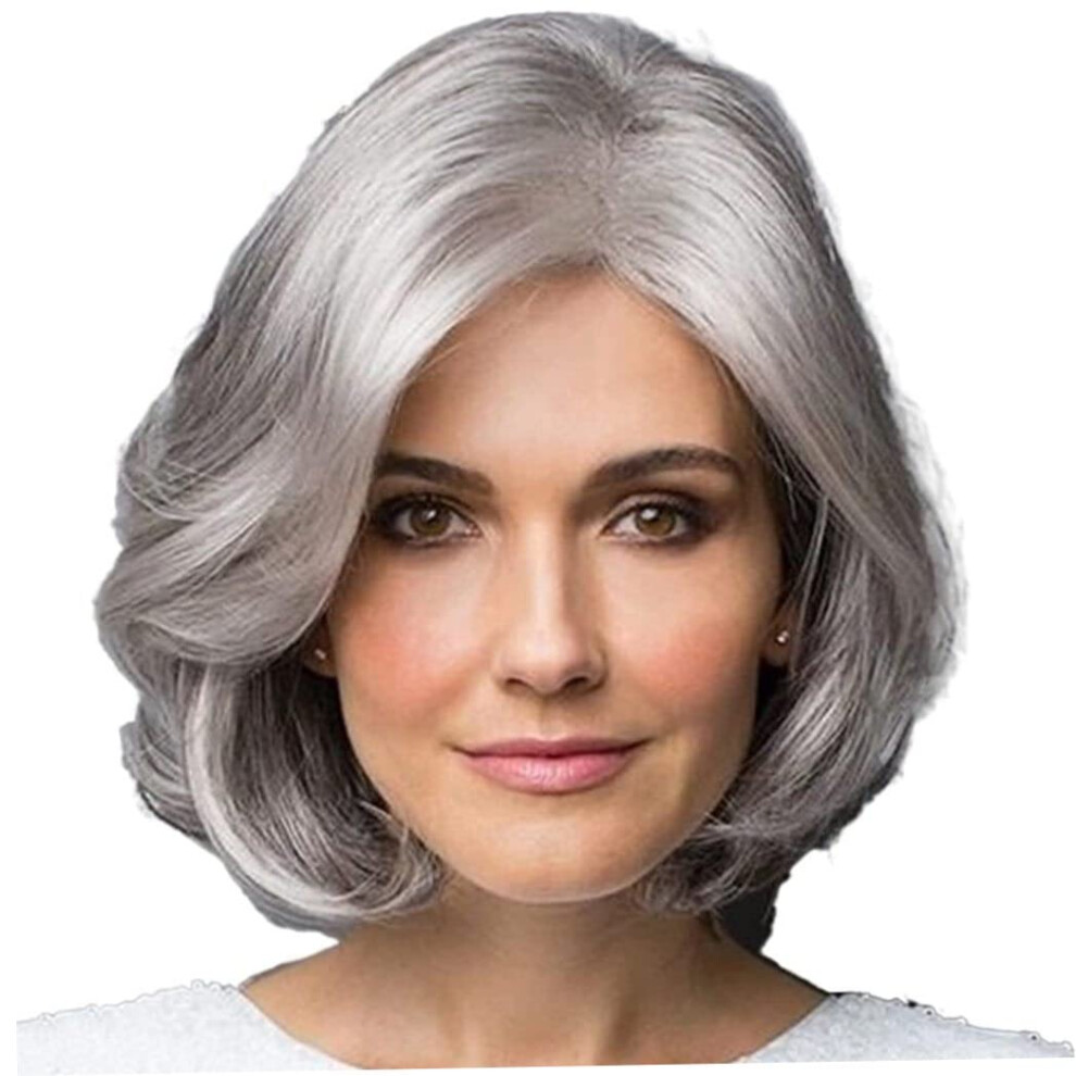 Middle Aged And Old Women's Short Silver Gray Wig Synthetic Fiber Short Bob Medium Cap Size Adult Women Breathable Cap