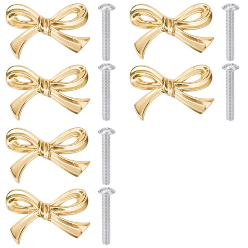 6pcs Gold Brass Bow Dresser Knobs, Vintage Bow Shape Drawer Pull Handles for Cabinet, Wardrobe, Kitchen