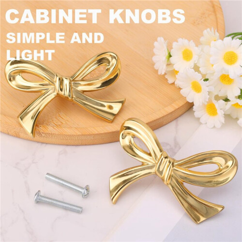 6pcs Gold Brass Bow Dresser Knobs, Vintage Bow Shape Drawer Pull Handles for Cabinet, Wardrobe, Kitchen 2