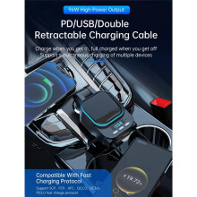 Einziehbares Autoladegerät 96 W mit -Autoadapter, 4-in-1-Schnellladung, Radio 5.3 FM-Transmitter Fürs Auto