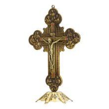 Bronze Crucifix Stable Base Inlaid Red Vintage Style Decorative Metal Table Art