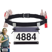 Bib Holder for Runners Adjustable Elastic Bike Racing Start Belt Reflective Strips Black Belt 6 Gel Pockets Night Run