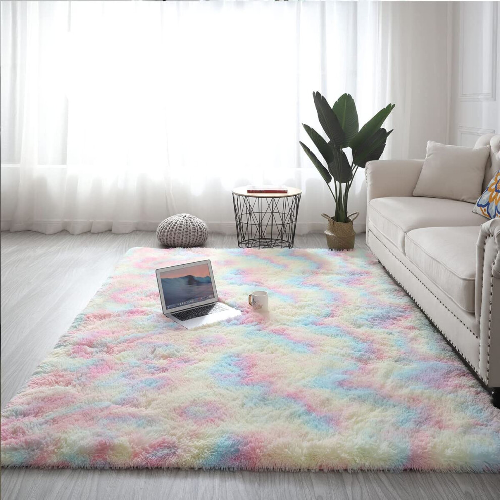 Soft Fluffy Area Rug Plush Shag Rug For Living Room And Bedroom 63x79 Inch Rainbow Color Kids Nursery Dorm
