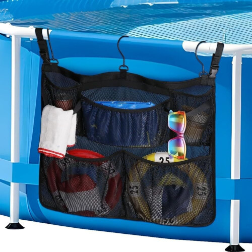 Swimming Pool Mesh Storage Net for Float Gear, Adjustable Buckles, 3 Hanging Hooks, Nylon Pool Organizer 1