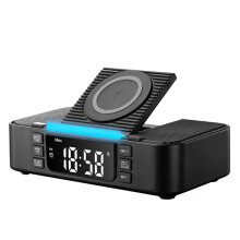 Wireless Charging Station with Speaker, Alarm Clock, FM Radio, Night Light, Phone Holder, Adjustable Display