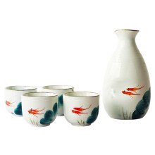 Sake Set Ceramic Sake Cups Set of 5 Hand Painted Traditional Japanese Mugs Red Fish