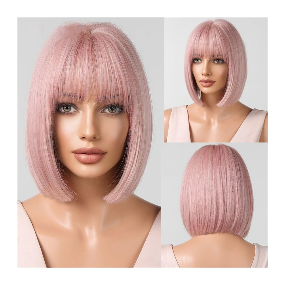 Unisex Pink Wig Synthetic Cosplay Wig Short Bob With Bangs For Women Natural Straight Lolita Party Hair Heatresistant