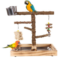 Bird Perch Stand Parrot Playground With Feeder Cups Natural Wood Gym Playstand For Parakeet Feeding Training Indoor