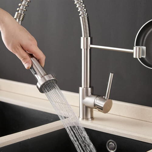Kitchen Faucets Solid Brass Kitchen Faucet Single Handle SpringLoaded PullDown Sprayer Arc Brushed Gold Finish 1