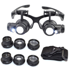 LED Double Eye Jeweler Magnifier 10X 15X 20X 25X Watch  Loupe Glasses Lens Red Dot And Magnifier Combo