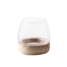 Clear Glass Fish Bowl with Wooden Base, Small Desktop Aquarium Vase for Hydroponic Plants