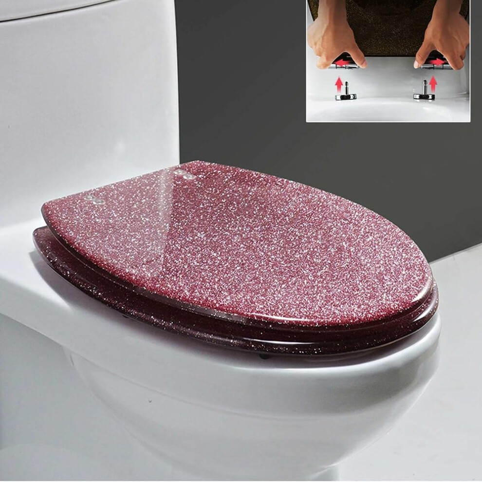 Sparkly Pink Elongated Resin Toilet Seat Quiet Slow Close, Adjustable Hinge, Quick Release, Easy Cleaning Glittery Lid 9189345461392