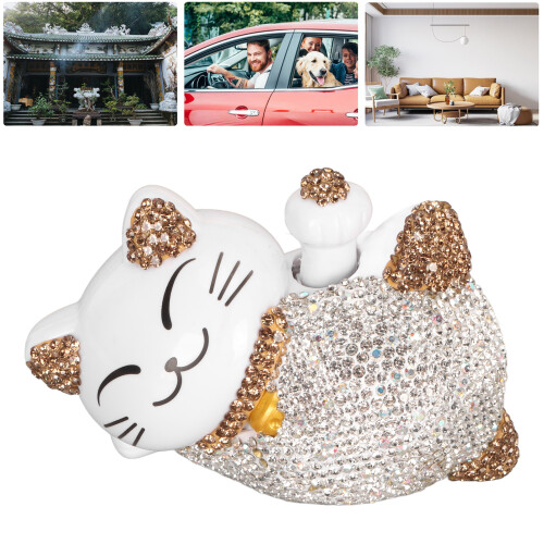 Fortune Cat Solar Power Statue Waving Arm Yellow Ears Lucky Cat Decor