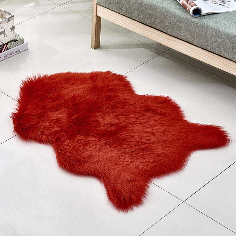 Fluffy Faux Fur Rug 60x90cm Red, AntiSkid Sheepskin Area Rug For Living Room, Bedroom, Soft Silky Plush Bedside Carpet