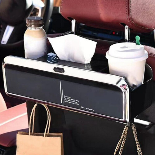 Multi-Functional Car Tissue Box with Hooks for Organizing Travel  Silver Plated Black 2