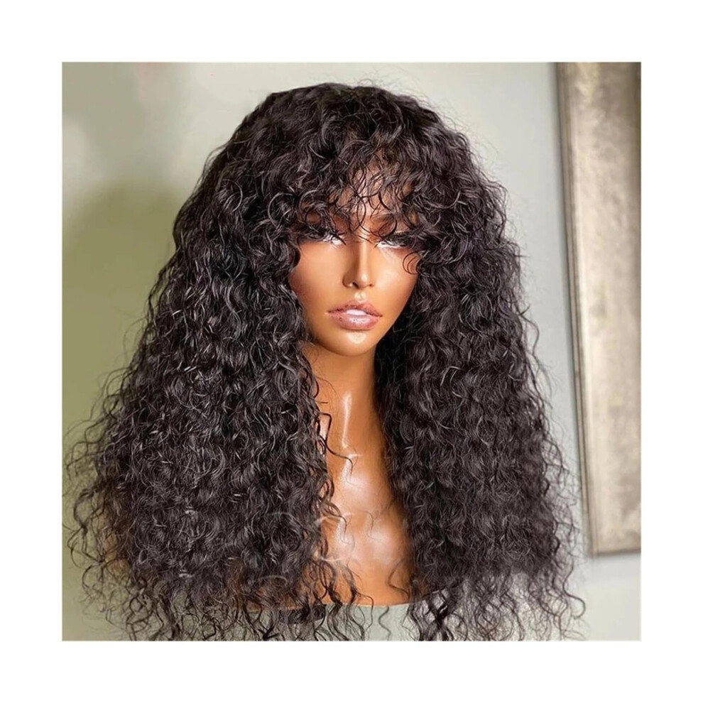 Unisex Black 20 Inch Kinky Curly Human Hair Headband Wig With Bangs, Glueless Brazilian Wig For Women