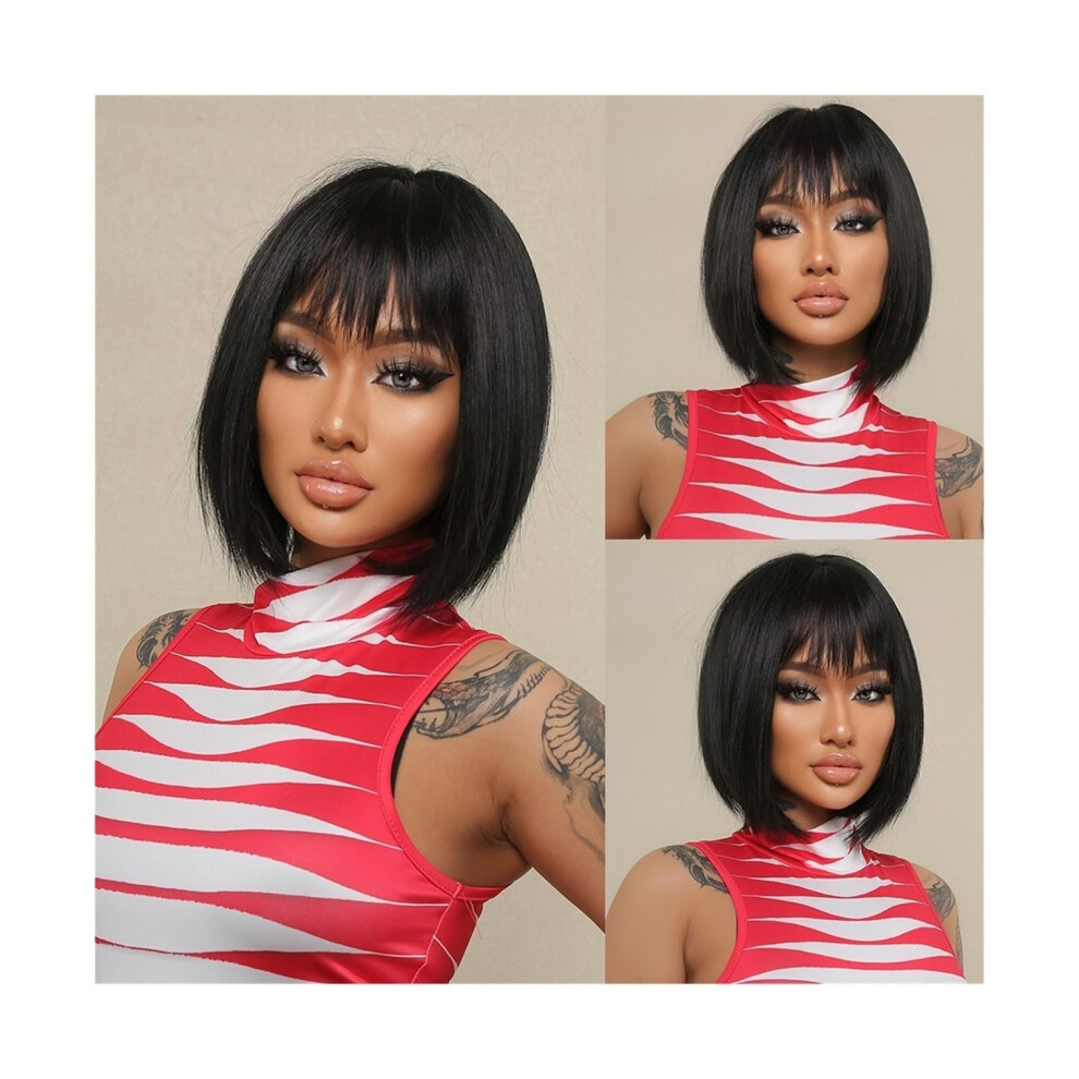 Unisex Black Wavy Wigs Bob Wig With Bangs, Short Straight Synthetic Wig, Heatresistant Fiber, For Women, Cosplay, Daily Use