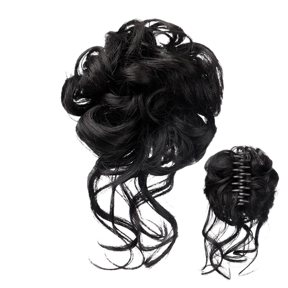Unisex Black Curly Bun Hair Piece Wavy Curly Fake Hair Bun Extensions, Ponytail Hairpieces, Claw Clip Holder, Natural