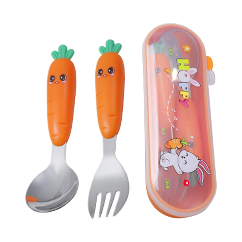 Baby Feeding Utensils Stainless Steel Spoon and Fork with Hygienic Travel Case and Cartoon Handle