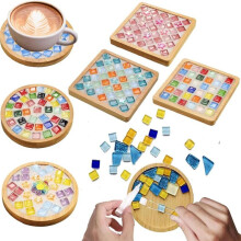 Mosaic Tiles for Crafts,Mixed Color Glass Mosaic Kits with Wooden Coaster for Adults,for Handmade Home Decoration