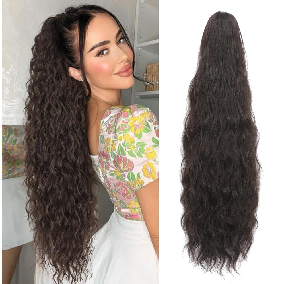 Unisex Brown Ponytail Extension 24 Inch Claw Clip, 190G, Wavy Curly Synthetic Hairpiece For Women In Dark Chocolate