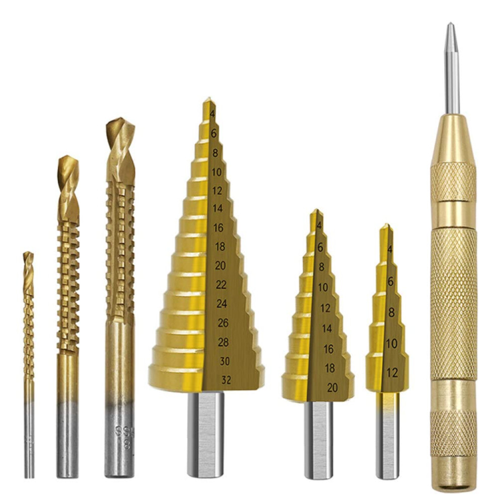 7Pc Hss Step Drill Bit Set Titanium Coated Straight Groove Cone Hole Cutter With Automatic Center Punch And Spiral Twist Design 9189345475108