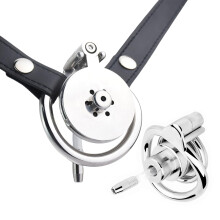 Flat Penis Chastity Cage With Urethral Plug And Leather Chastity Belt, Stainless Steel Cock Device 53mm Arc Ring