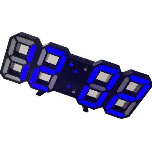 3D LED Wall Clock, Black Frame, Blue Letter, Modern Wall Mounted Alarm Clock