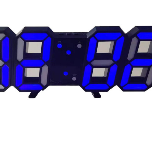 3D LED Wall Clock, Black Frame, Blue Letter, Modern Wall Mounted Alarm Clock 2