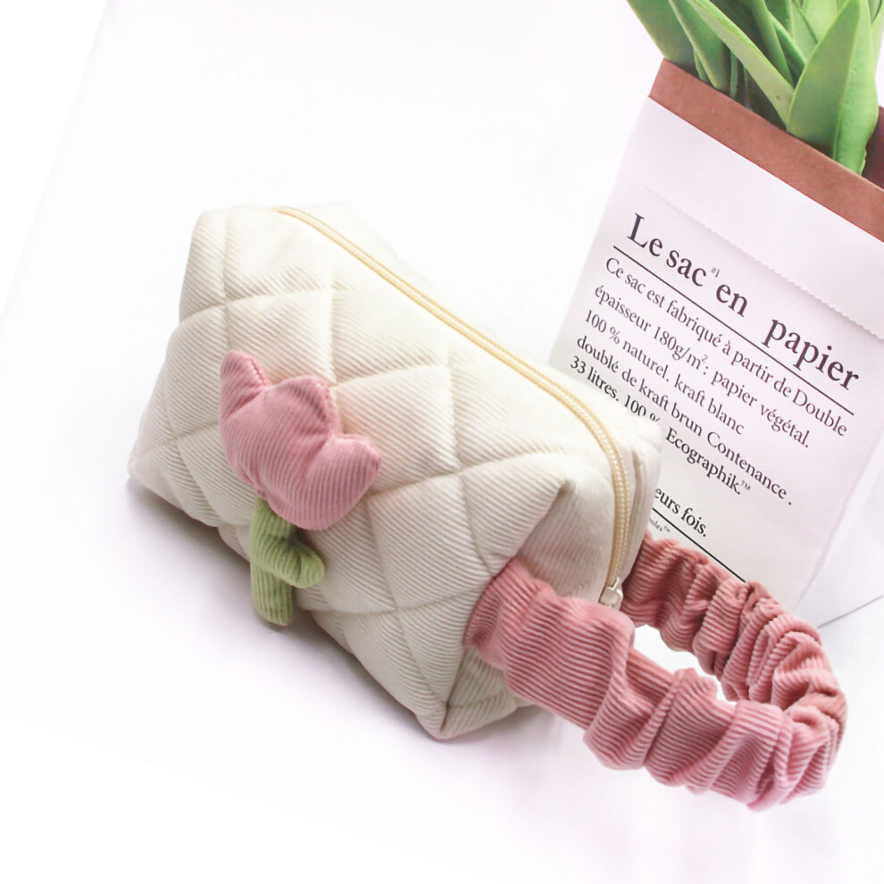White Large Creamy Corduroy Cosmetic Bag With Tulip Design, Portable And Spacious