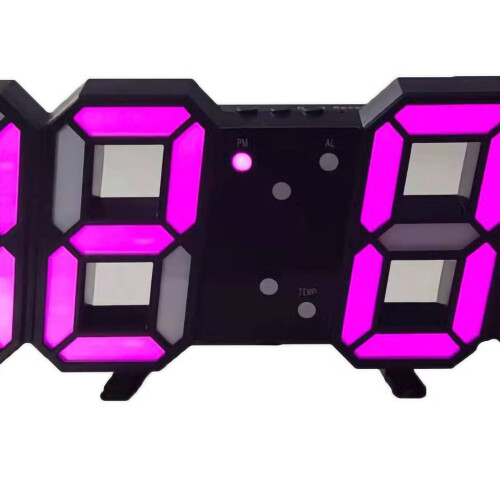 3D LED Wall Clock, Minimalist Black Plastic, Pink Letter, Wall Mount