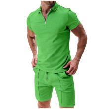 2Piece Leisure Suit Men's Summer Outfit Lapel Polo Shirt And Shorts Waffle Knit Breathable Lightweight Golf Green XL