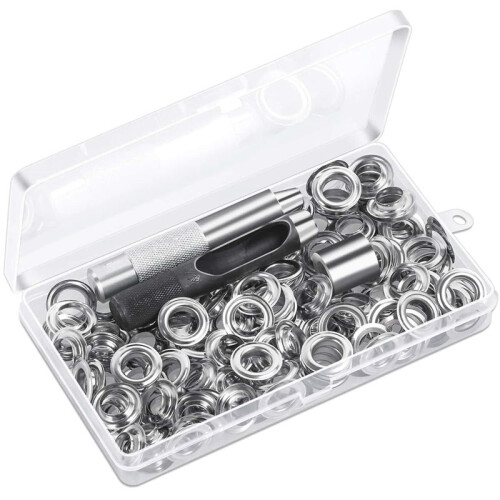 120 Sets Grommet Eyelets Tool Kit, Grommet Kit 1/2 Inch Eyelets with Tools and Storage Box Silver