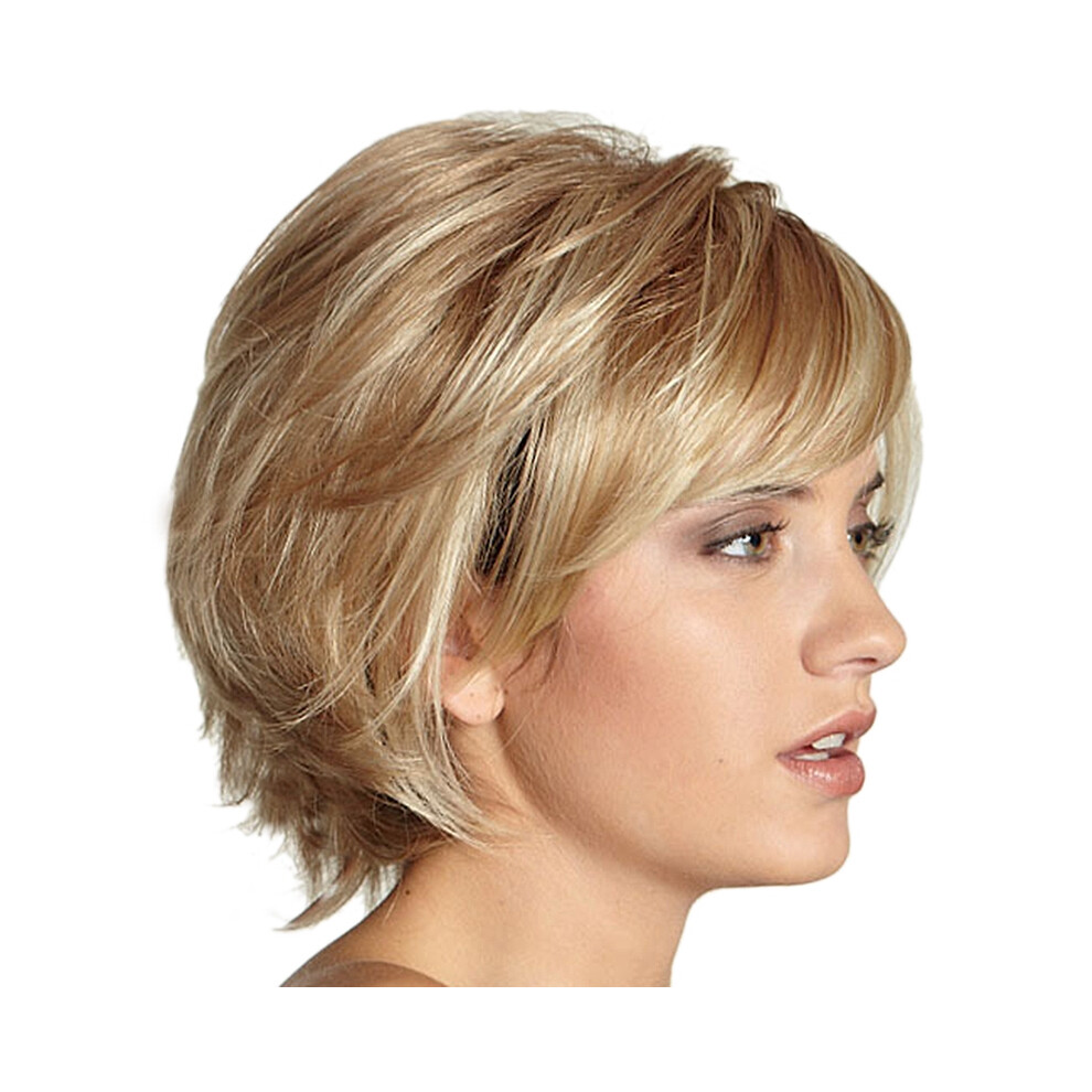 Unisex Short Layered Fluffy Wavy Full Synthetic Wig Blonde Highlights