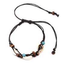 Boho Natural Sea Shell Stone Anklets For Women Wood Bead Seashell Ankle Bracelet Leg Foot Chain Wax Rope Anklet Beach Jewelry