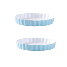 Set of 2 Round Fluted 10 Inch Ceramic Baking Dishes, Oven Microwave Safe Quiche Pie Pans