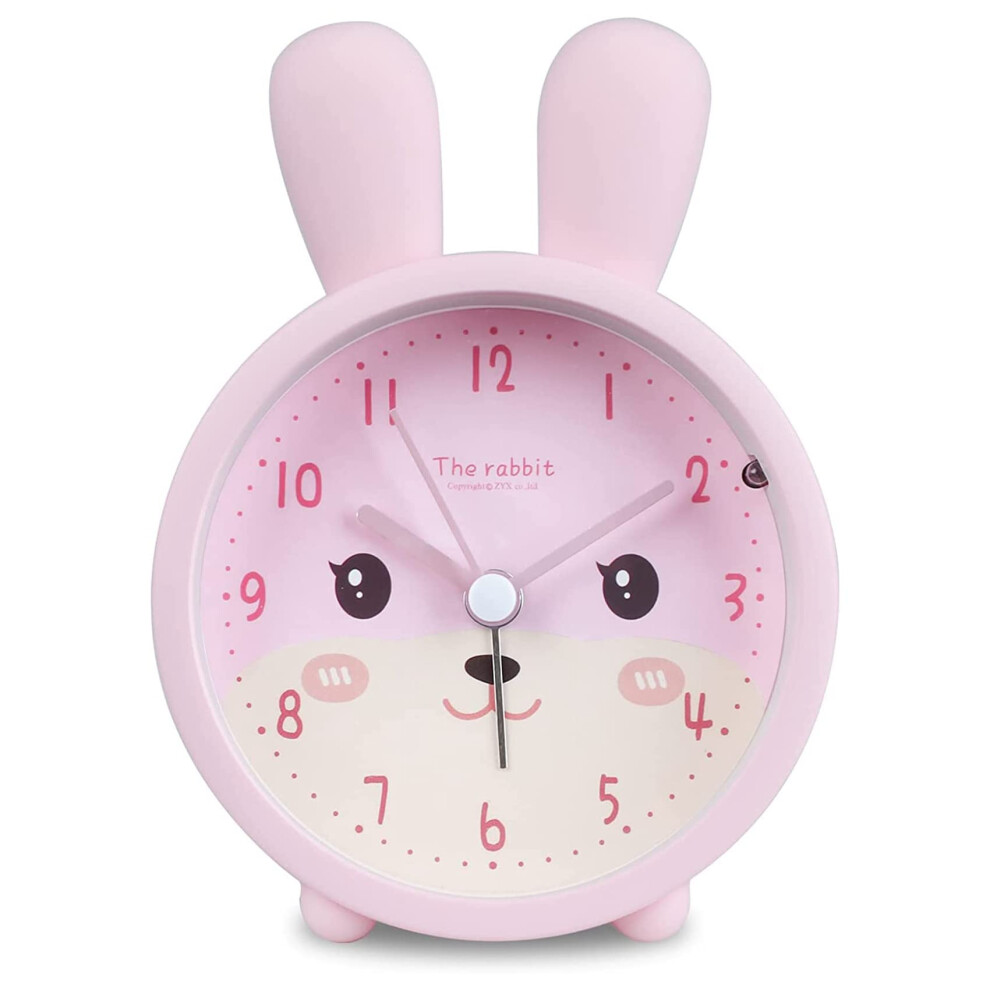 Kids Silent Alarm Clock with Soft Backlight, Cute Rabbit Design, NonTicking Bedside Clock for Girls