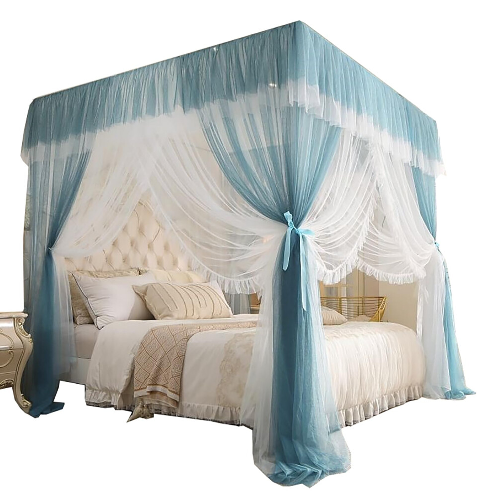 4 Corner Mosquito Net Square Bed Canopy Twin To King Size 180X220cm Princess Canopy Curtain Doublelayer Netting Blue
