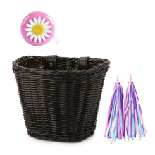 1Set Rattan Wicker Bicycle Front Basket+Bell+Tassel+Stickers Adjustable Handwoven Adult Bike Handlebar Accessories Black