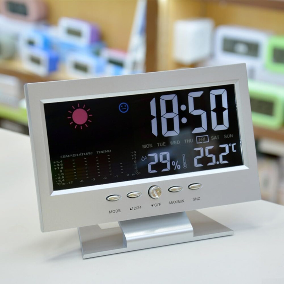 Digital Weather Station Thermometer Hygrometer Color Clock Alarm Large Lcd Screen Temperature Humidity Forecast Silver 9189345483738