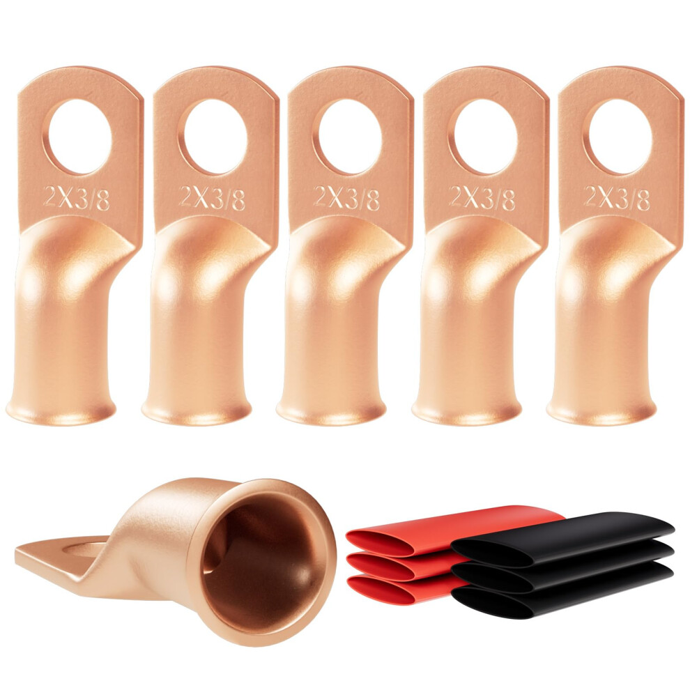 Wire Lugs 6Pcs 2 Awg 3/8' (M10) Ring Terminals, Heavyduty Tinned Copper Tubular Eyelets, 3:1 Dualwall Heat Shrink 9189345484117