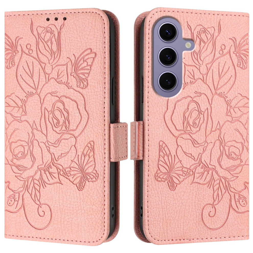 Wallet Case For Samsung Galaxy S24, Leather With Kickstand, Card Slots, Magnetic Closure, Engraved Pattern, Rose Gold 9347817319965