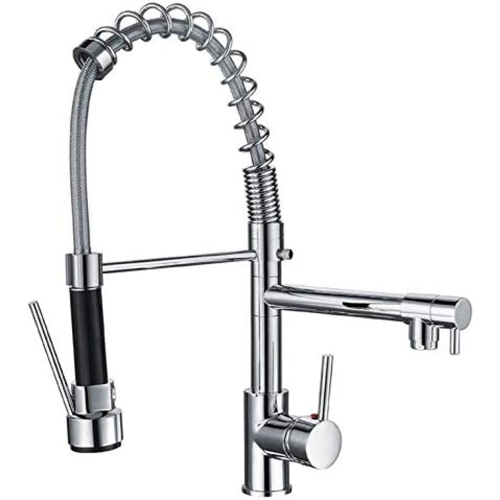 Spring Kitchen Sink Faucet Chrome With Pullout Sprayer Dualfunction Flow 360Degree Rotation Singlehandle Mixer Tap 9382693028006